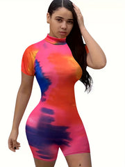Tie Dye Mock Neck Romper Jumpsuit Short Sleeve Casual Romper