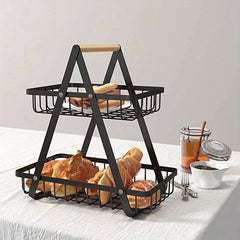 2 Tier Metal Storage Basket for Countertop with Wooden Handle
