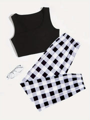 Plaid Print Pajama Set Sleeveless Top & Pants