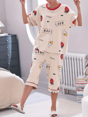 Strawberry Print Pajamas Set Short Sleeve Crew Neck Top & Crop Pants