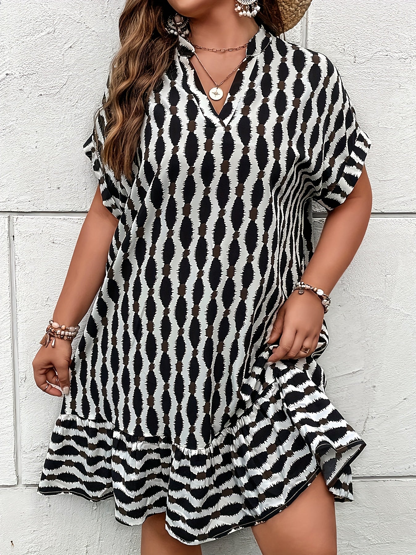 Allover Print Batwing Sleeve V Neck Dropped Waist Dress