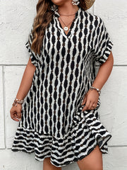 Allover Print Batwing Sleeve V Neck Dropped Waist Dress