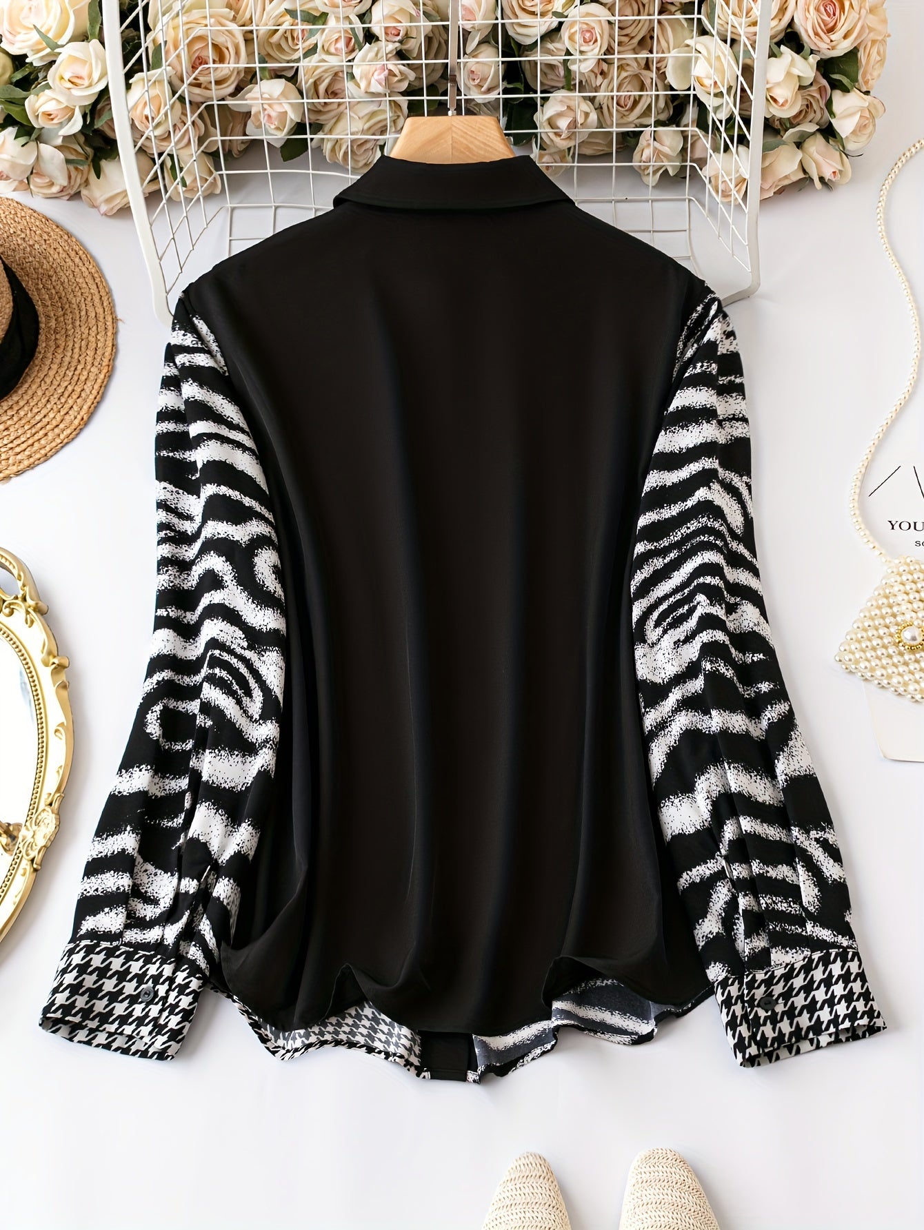 Colorblock Stripe & Houndstooth Button Up Blouse