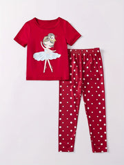 Ballet Girl Print 2pcs Pajamas Set Polka Dots Loungewear Comfy PJ Girl's Clothes