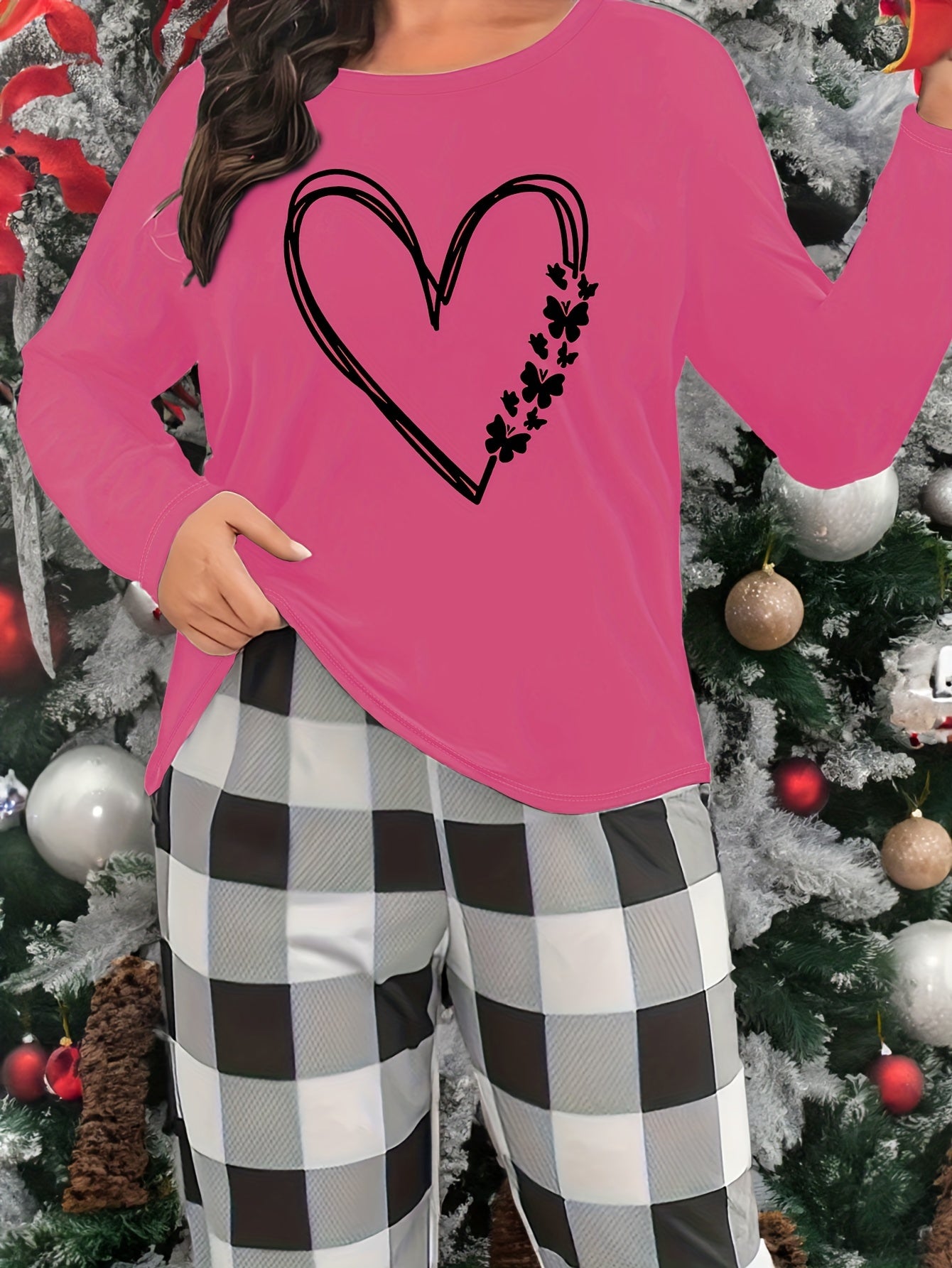 Heart Print Lounge Top Long Sleeve Crew Neck Women's Loungewear