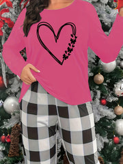 Heart Print Lounge Top Long Sleeve Crew Neck Women's Loungewear