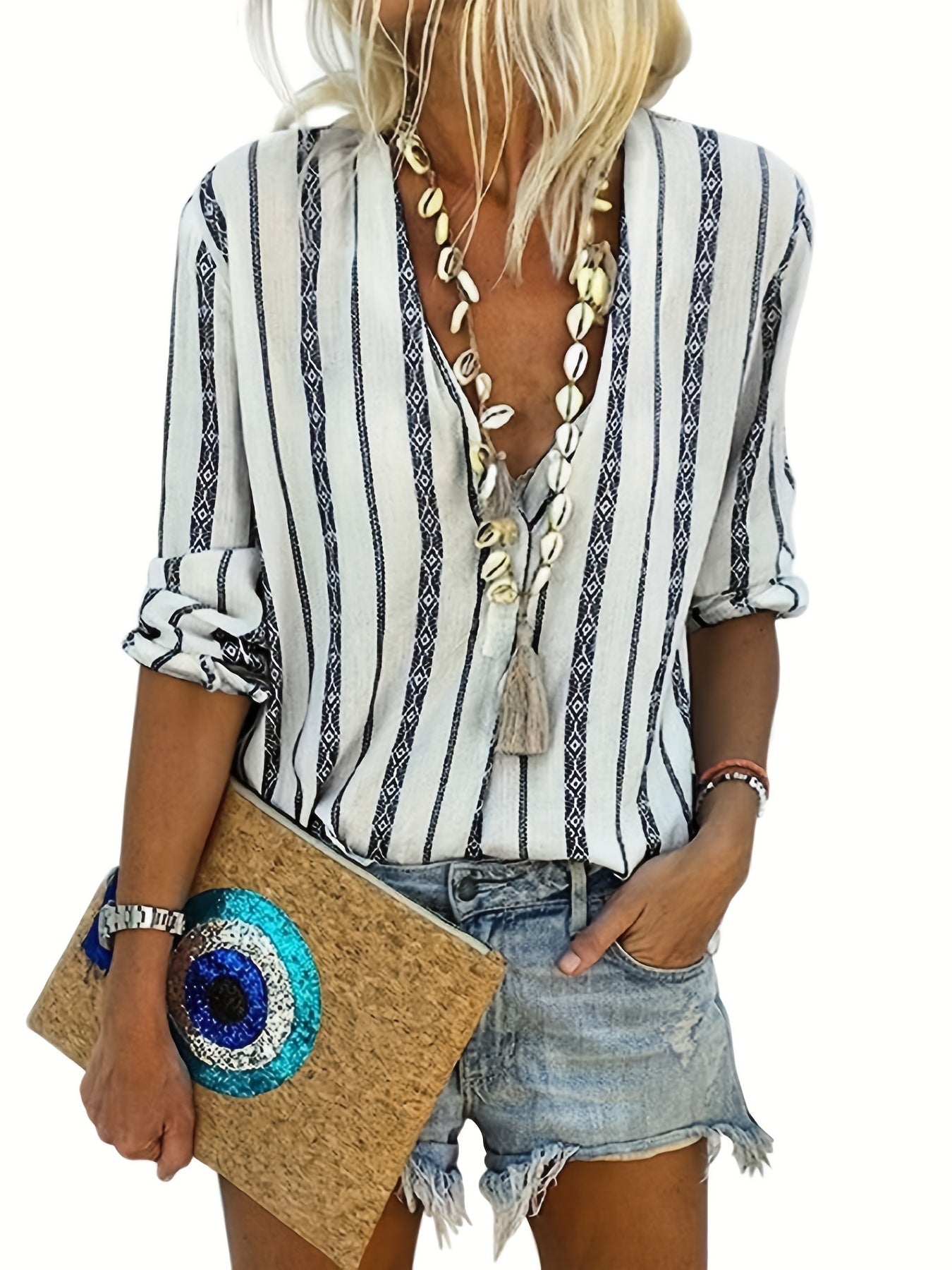 Boho Blouse Women's Geo Print Long Sleeve Notched Neck Button Up