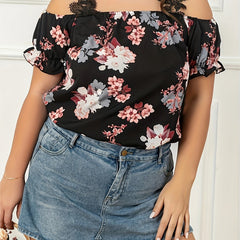 Women's Cold Shoulder Blouse Feather Print Lace Strap