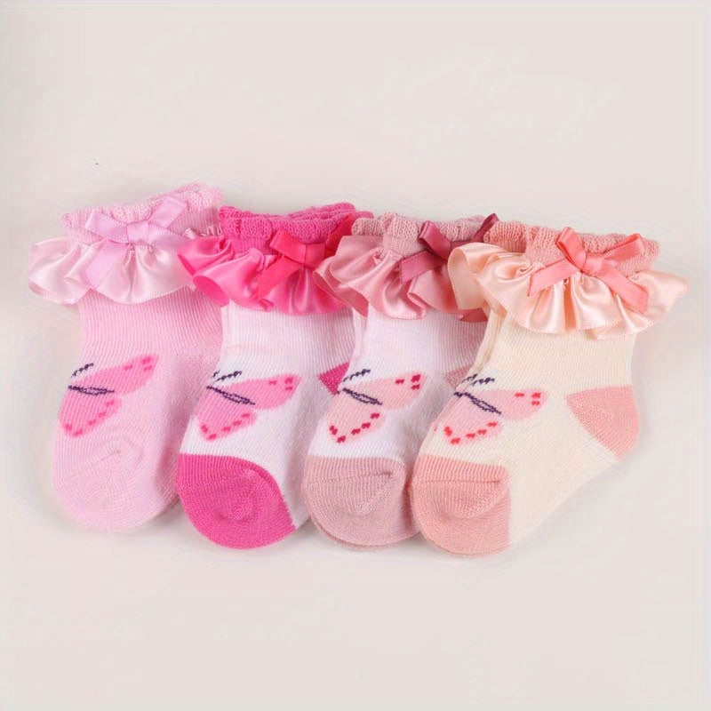 4 Pairs Newborn Baby Girls Ruffled Bow Knit Socks