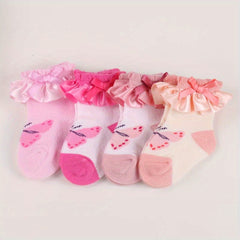 4 Pairs Newborn Baby Girls Ruffled Bow Knit Socks
