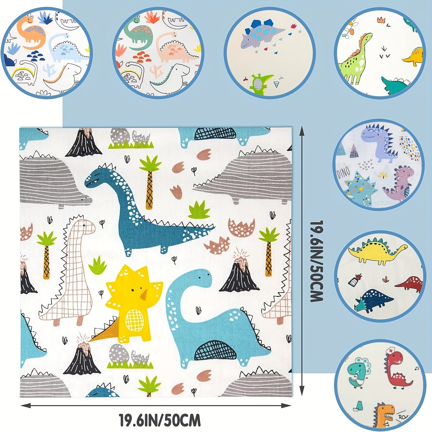 8pcs Dinosaur Cotton Fabric Set 19.6x19.6 Quilting Craft Precut Square Sheet