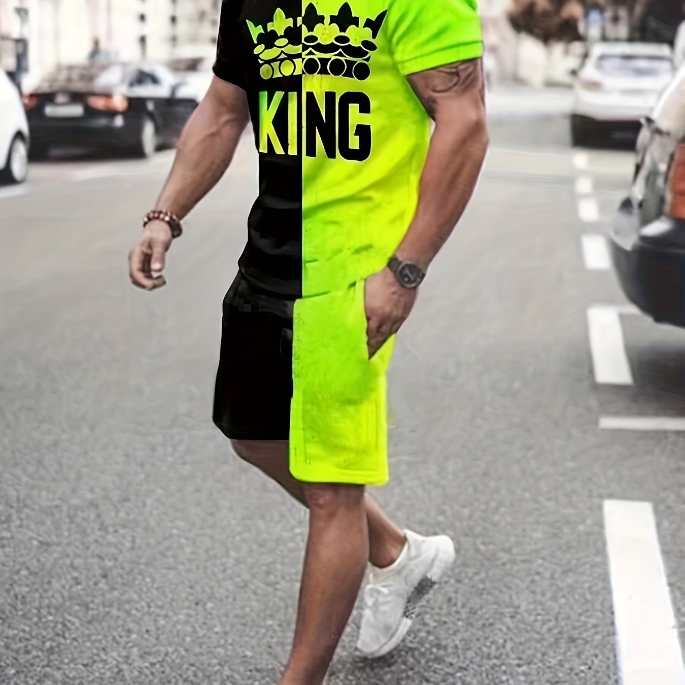 Men's Block King Graphic T Shirt & Stretch Shorts Set