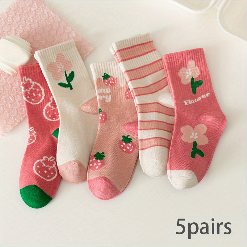 Girls Pink Flowers Strawberry Pattern Crew Socks for Autumn