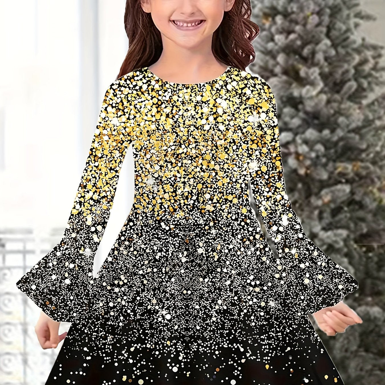 Girls Sequin Print Long Sleeve Dress Spring Fall Gift