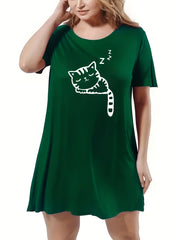 Cat Print Loungewear Dress Short Sleeve Round Neck Sleep Dress