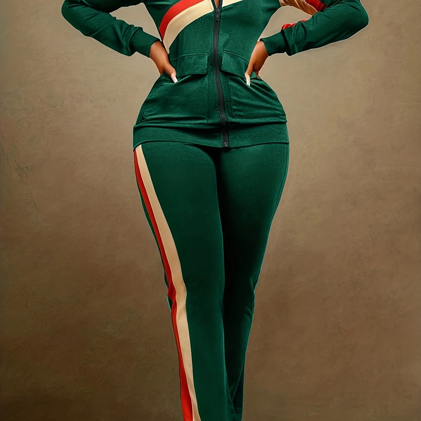 Striped Print Retro 2-Piece Set Zip-Up Jacket & Wide Leg Pants