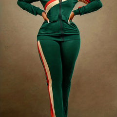Striped Print Retro 2-Piece Set Zip-Up Jacket & Wide Leg Pants