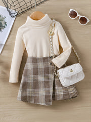 2pcs Girls Long Sleeves High Neck Top & Plaid Skirt Set