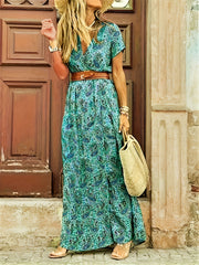 Paisley Print V Neck Dress Boho Casual Short Sleeve Dress