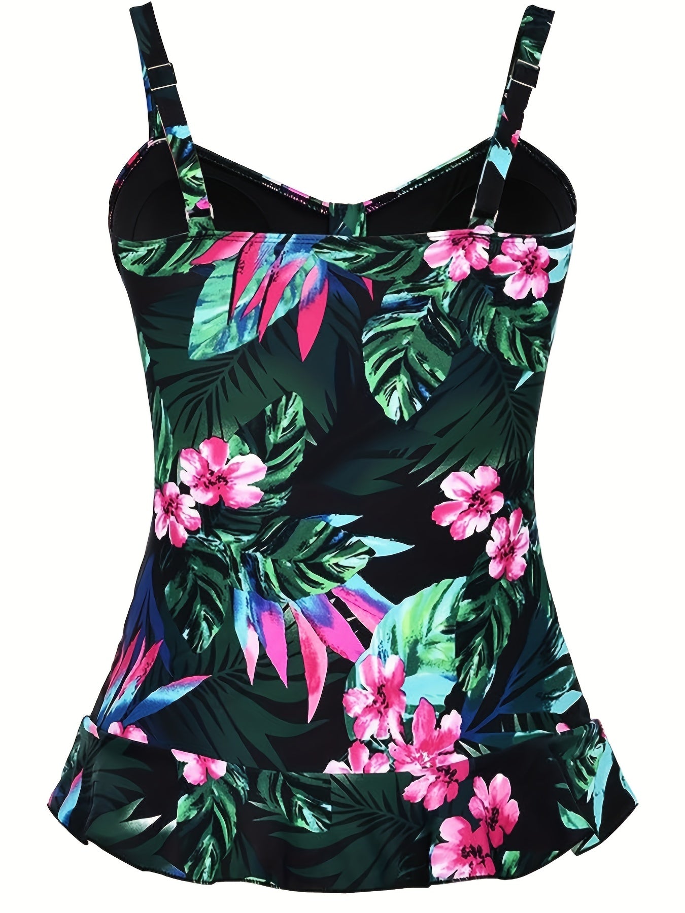 Tropical Print Tankini Set with Ruffle Trim Cami Top & Bottoms