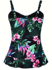 Tropical Print Tankini Set with Ruffle Trim Cami Top & Bottoms