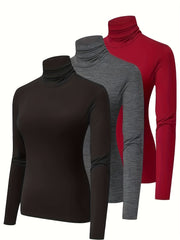 3Pcs High Neck Sporty T Shirt Long Sleeves Solid Sports Tee Women's Activewear