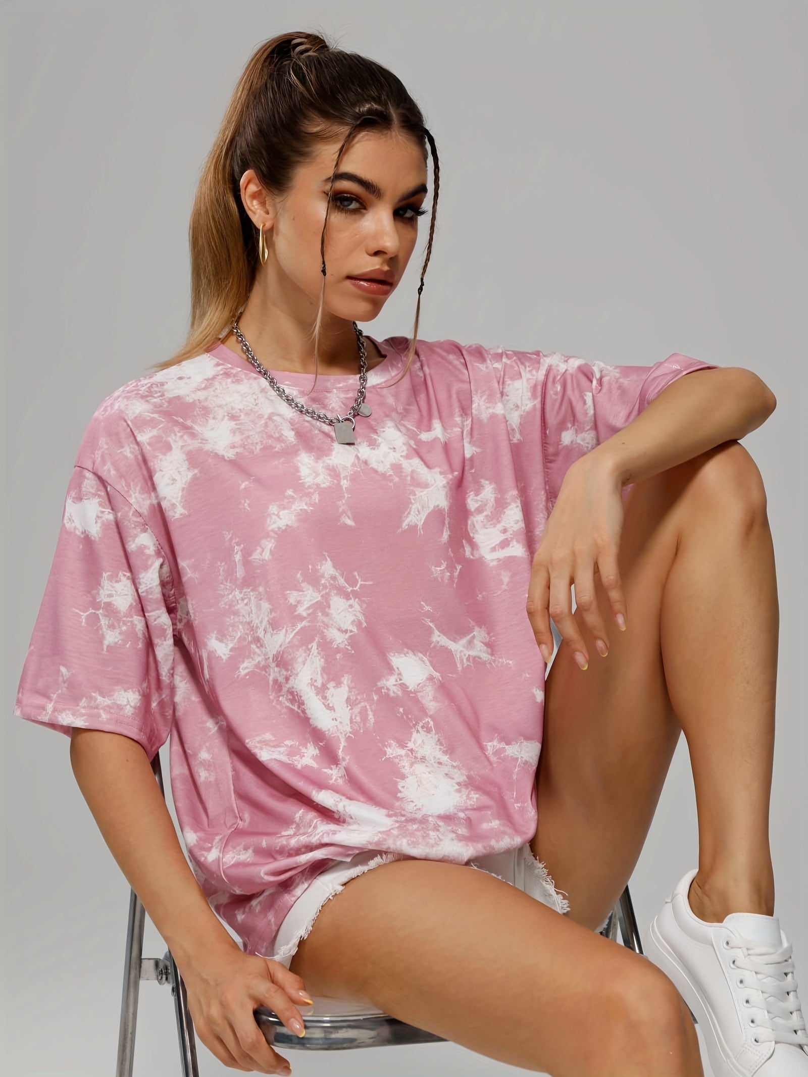 Tie Dye Crew Neck Sports T Shirt Short Sleeve Casual Summer Tee Women's Top