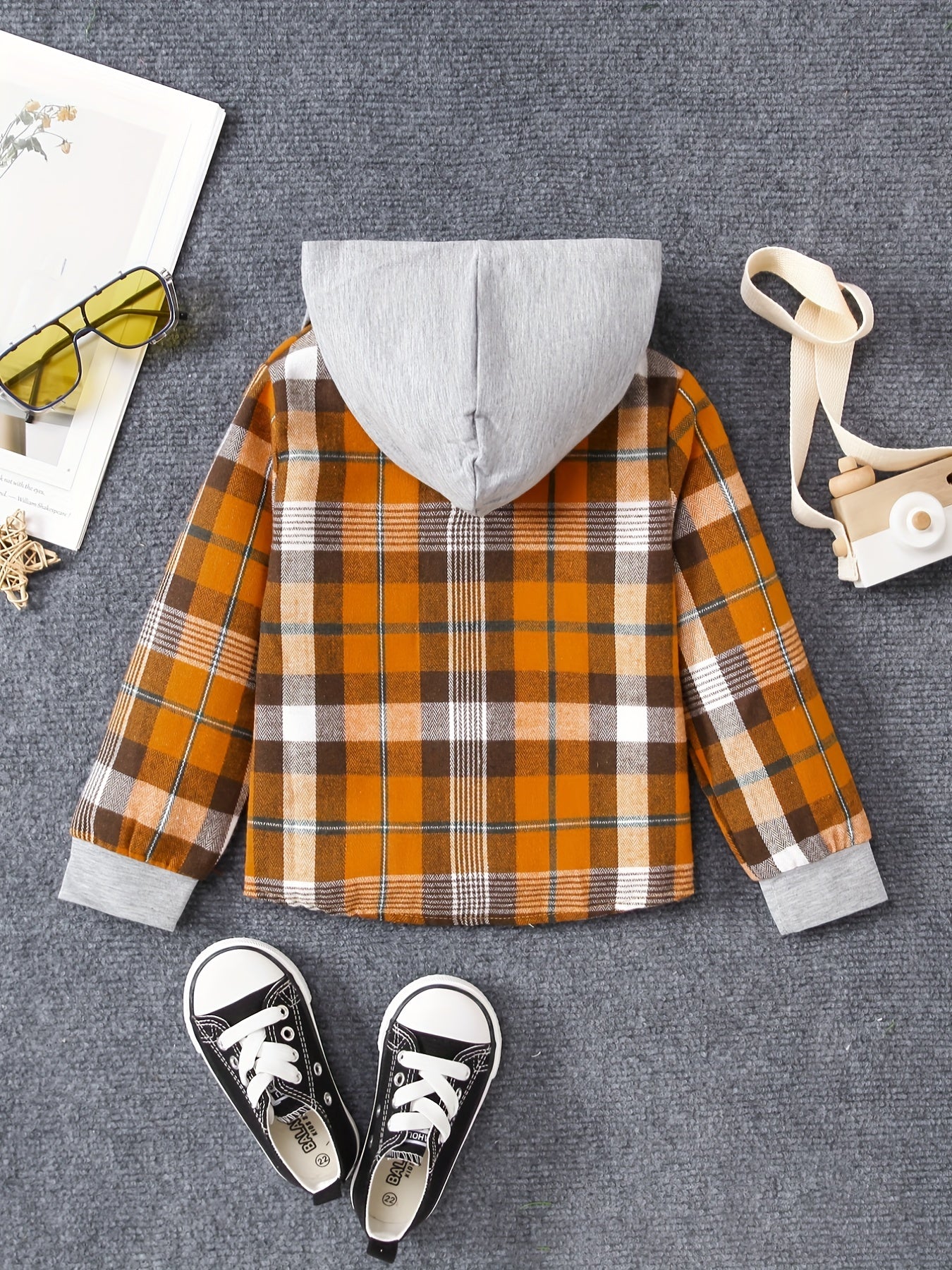 Girls Plaid Hooded Button Down Jacket Shirt Kids Autumn Outfit
