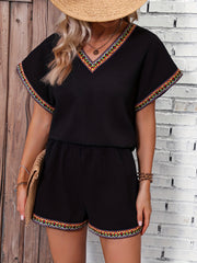 Ethnic Casual Two piece Set V Neck Short Sleeve Tee & Wide Leg Shorts