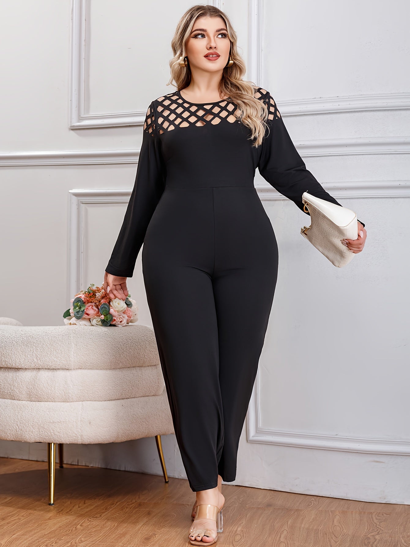 Solid Cut Out Long Sleeve Wide Leg Jumpsuit