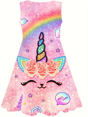 Sweet Unicorn Print Dress Girls Sleeveless Summer Party Gift