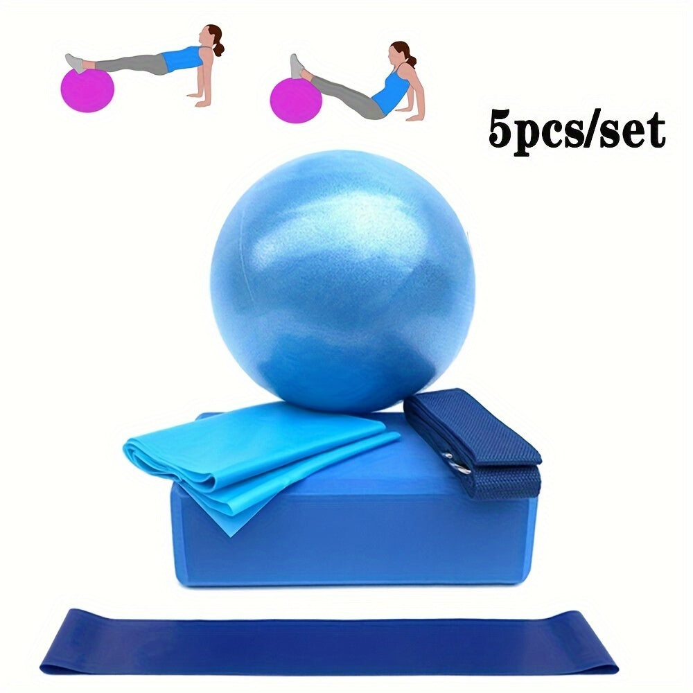 5pcs Yoga Pilates Set: Ball, Block, 3 Tension Belts - Fitness Equipment
