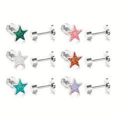 6 Pairs Mini Glitter Pentagram Star Screw Stud Earrings Golden Silver