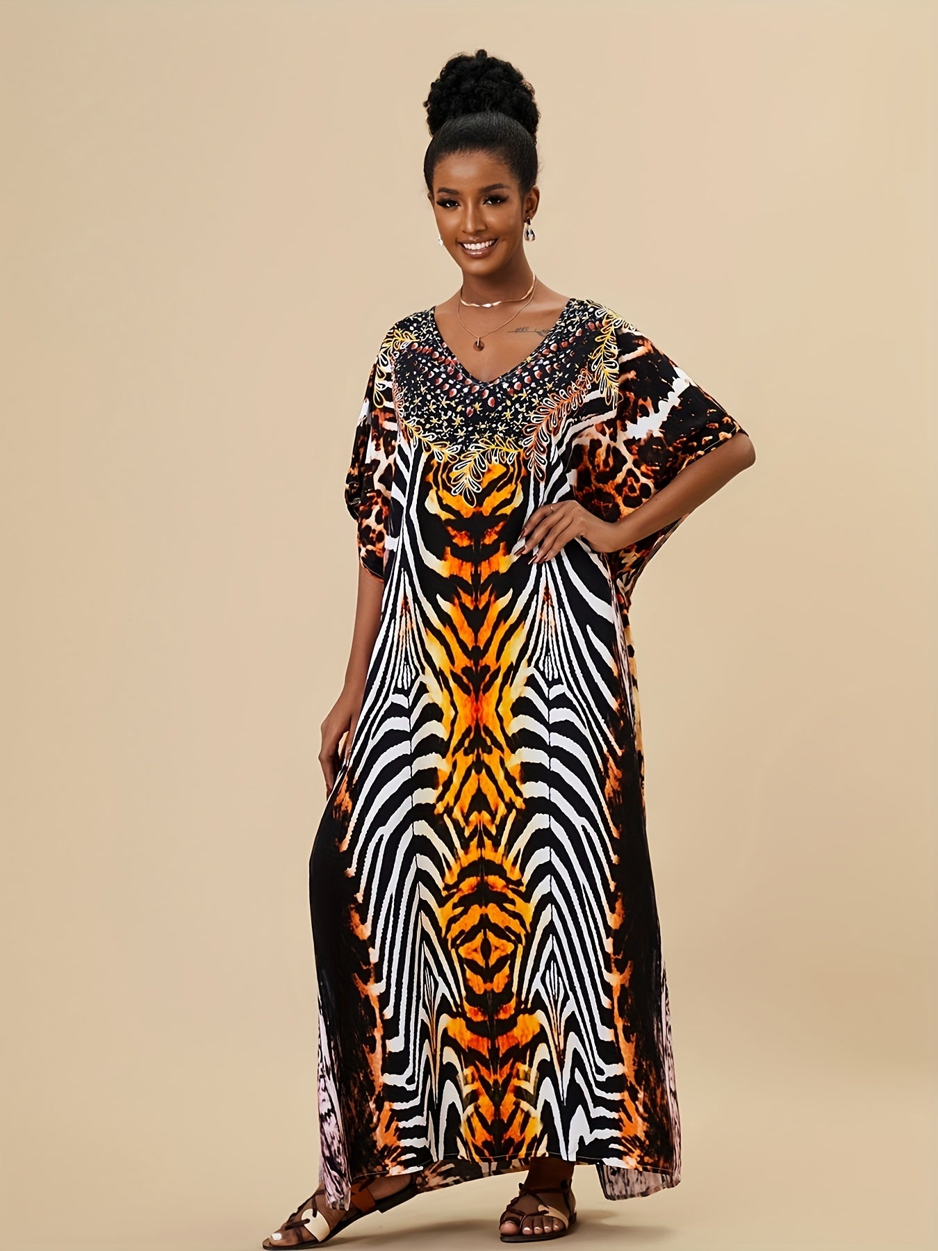 Boho Style Cover Up Dress V Neck Loose Fit Split Beachwear Kaftan