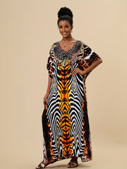 Boho Style Cover Up Dress V Neck Loose Fit Split Beachwear Kaftan