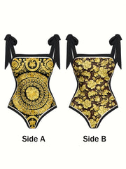 Reversible Bikini Set Women's Plus Floral Print Tie Shoulder Swimsuit