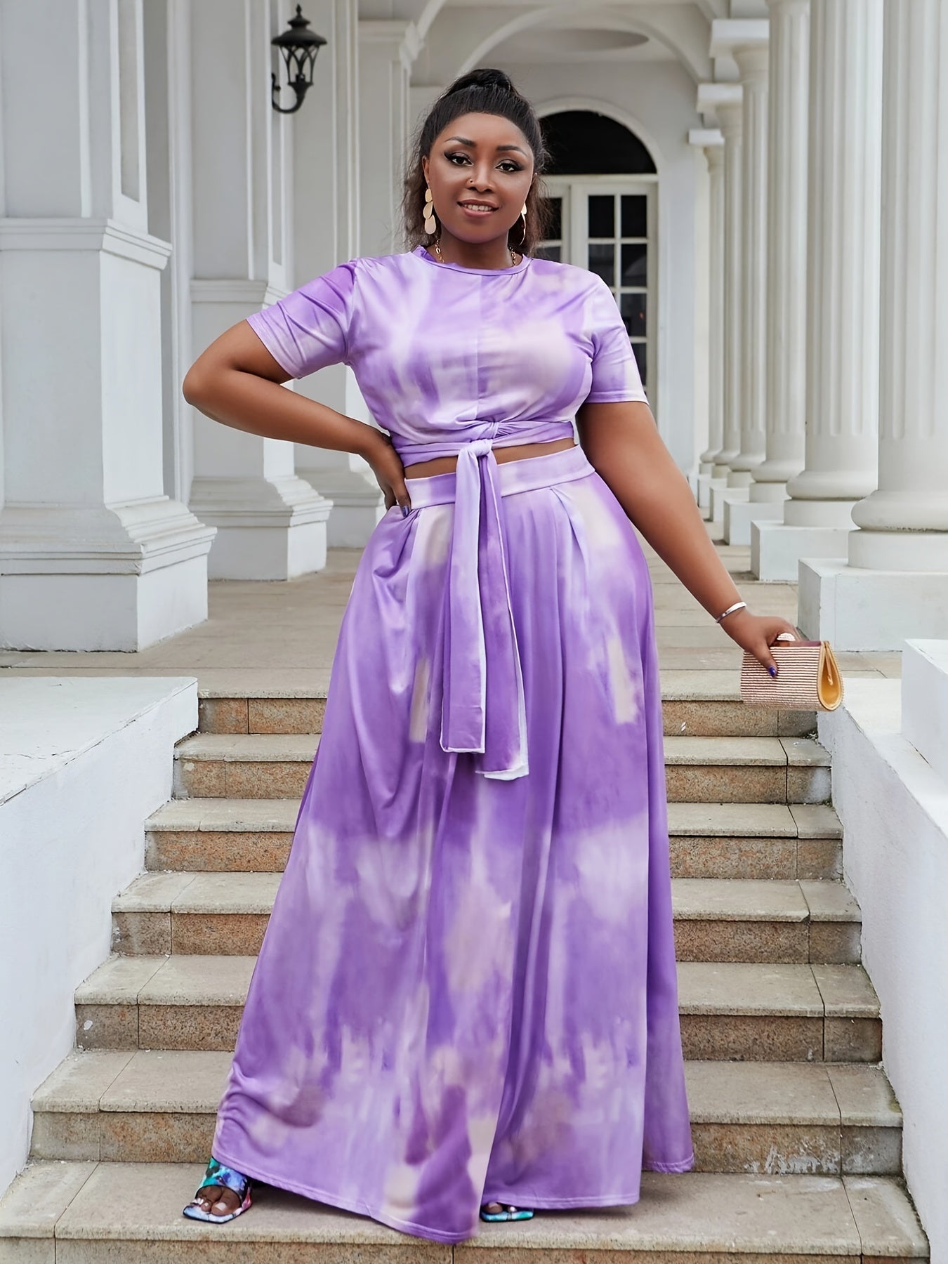 Tie Dye Print Crop Top & Maxi Skirt 2pcs Set Outfit Plus Size