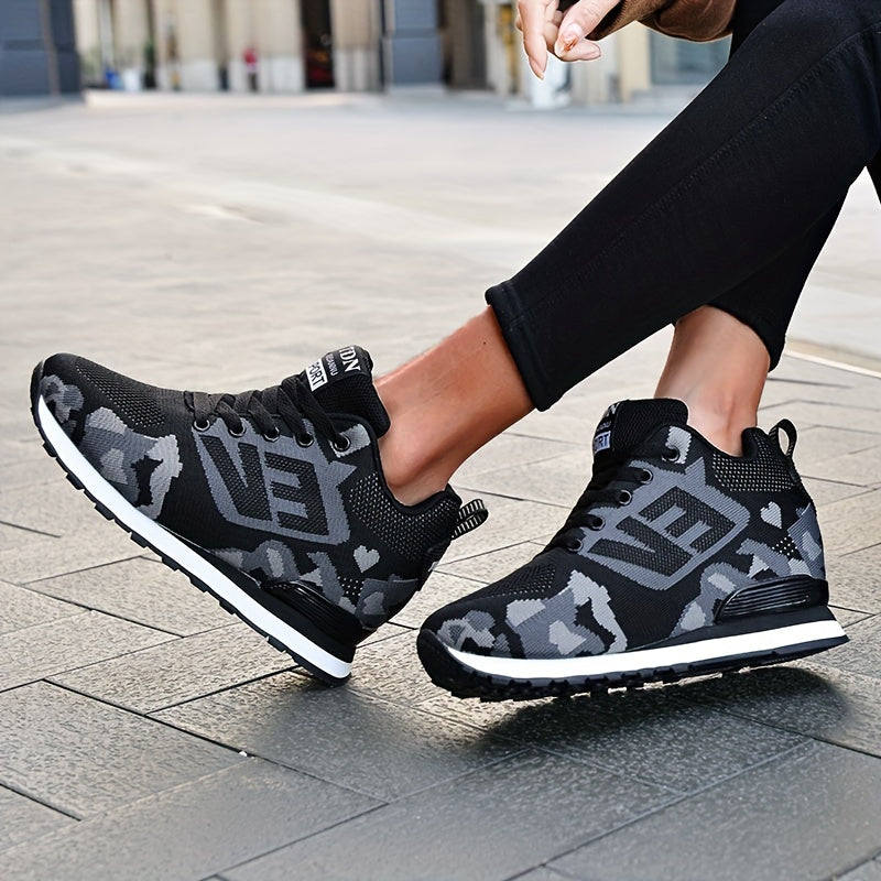 Women's Camo Sports Shoes Knitted Lace Up Height Increasing Walking Sneakers