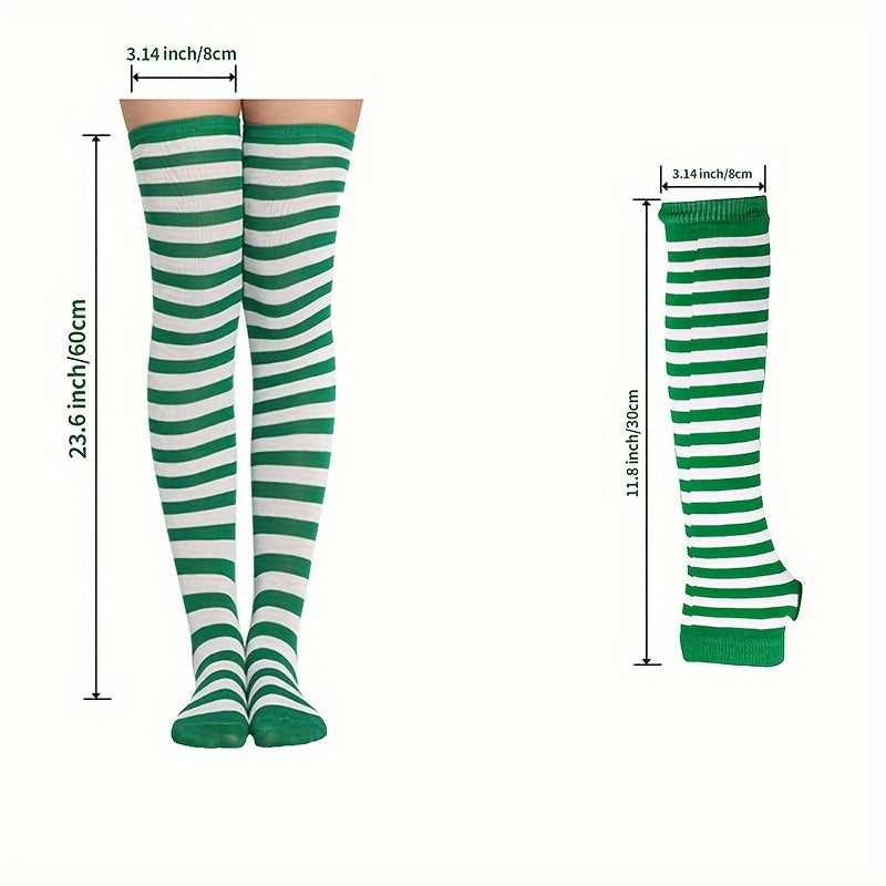 Colorful Striped Knitted Thigh Long Stockings & Gloves Set