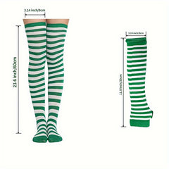 Colorful Striped Knitted Thigh Long Stockings & Gloves Set