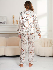 Heart Print Pajama Set Long Sleeve Buttons Top & Elastic Waistband Pants