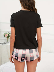 Heart Print Lounge Set Crew Neck Short Sleeve Top & Plaid Shorts