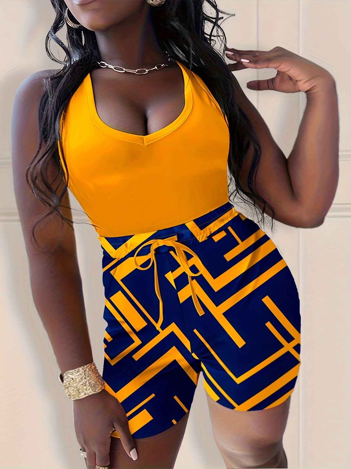 Women's Plus Geo Print V Neck Tank Top & Drawstring Shorts Outfit Set