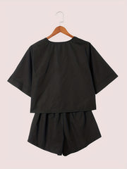 V Neck Top & Loose Shorts Set Casual Solid Two Piece Outfit