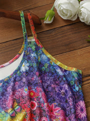 Floral Print Tank Top Split Strap Round Neck Medium Stretch
