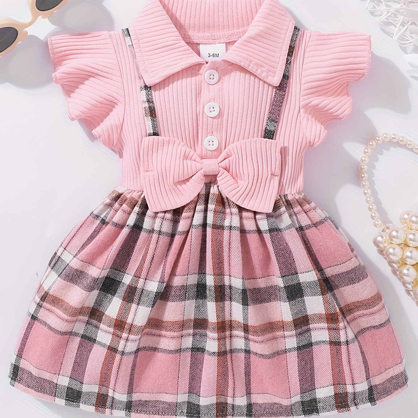 Girl's Casual Plaid Bowknot Flutter Sleeve Dress