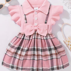 Girl's Casual Plaid Bowknot Flutter Sleeve Dress