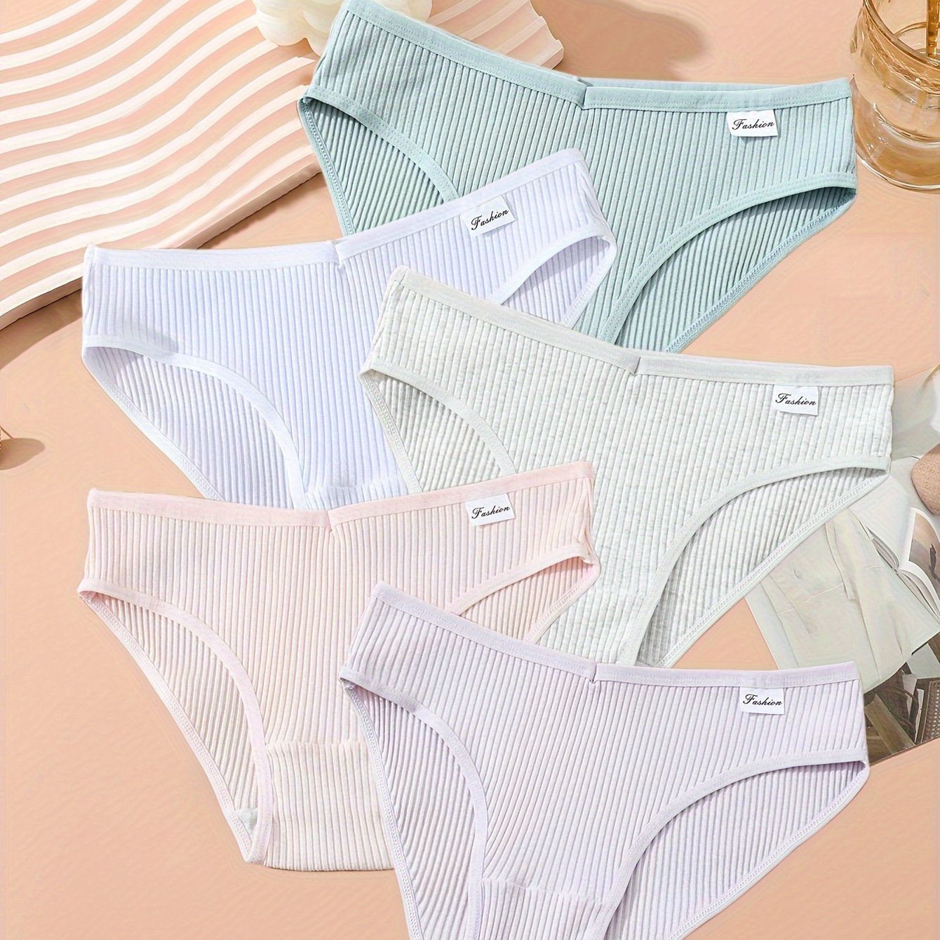 5pcs Solid Ribbed Briefs Comfy Panties Women's Lingerie