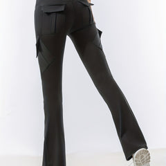 Solid Yoga Flared Pants Pockets Stretchy Running High Waist Sports Bootcut