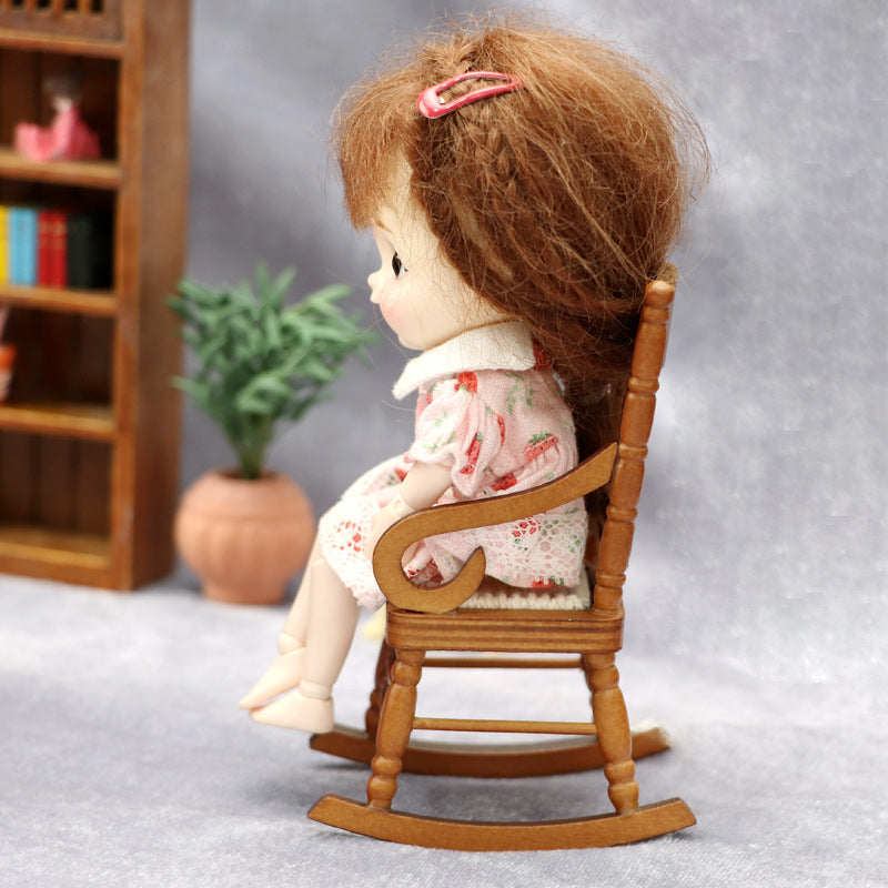 1:12 Scale Classic Carved Wooden Rocking Chair Warm Chestnut Finish